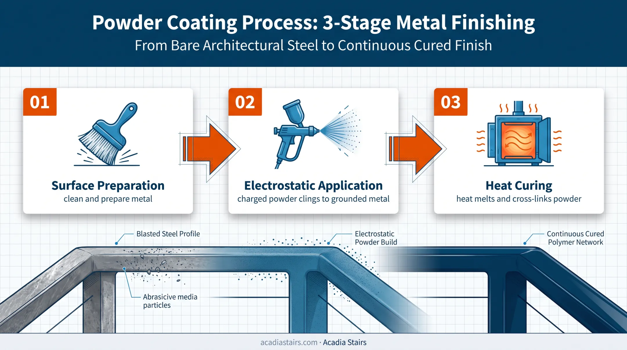 Three-stage powder coating process for wrought iron stair railings