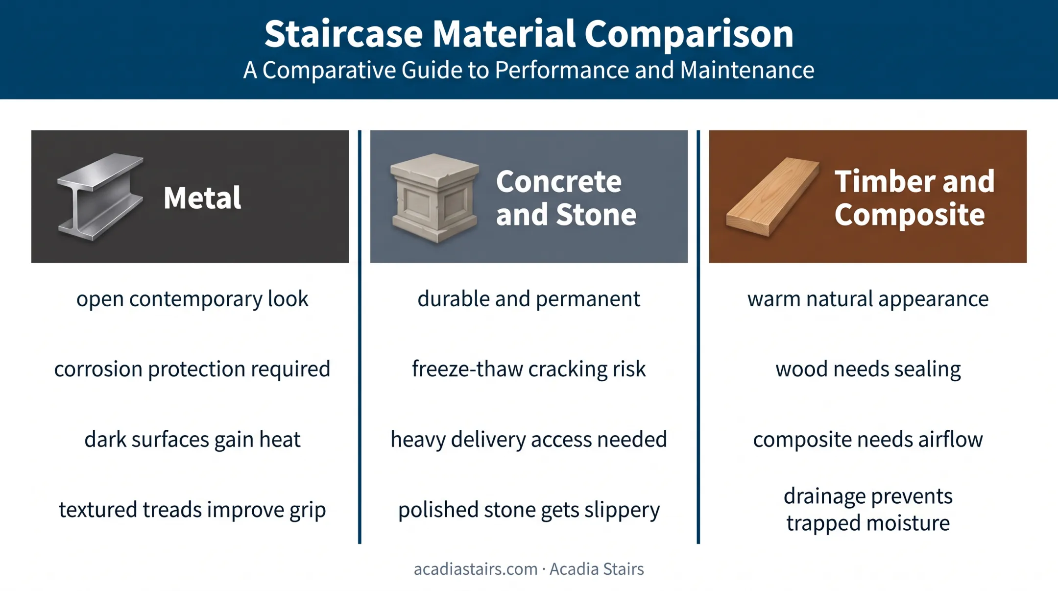 Outdoor floating stair materials comparison for climate and maintenance