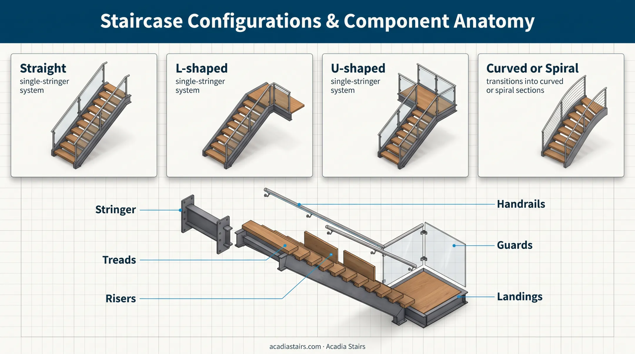 Central steel stringer stair layout configurations and components