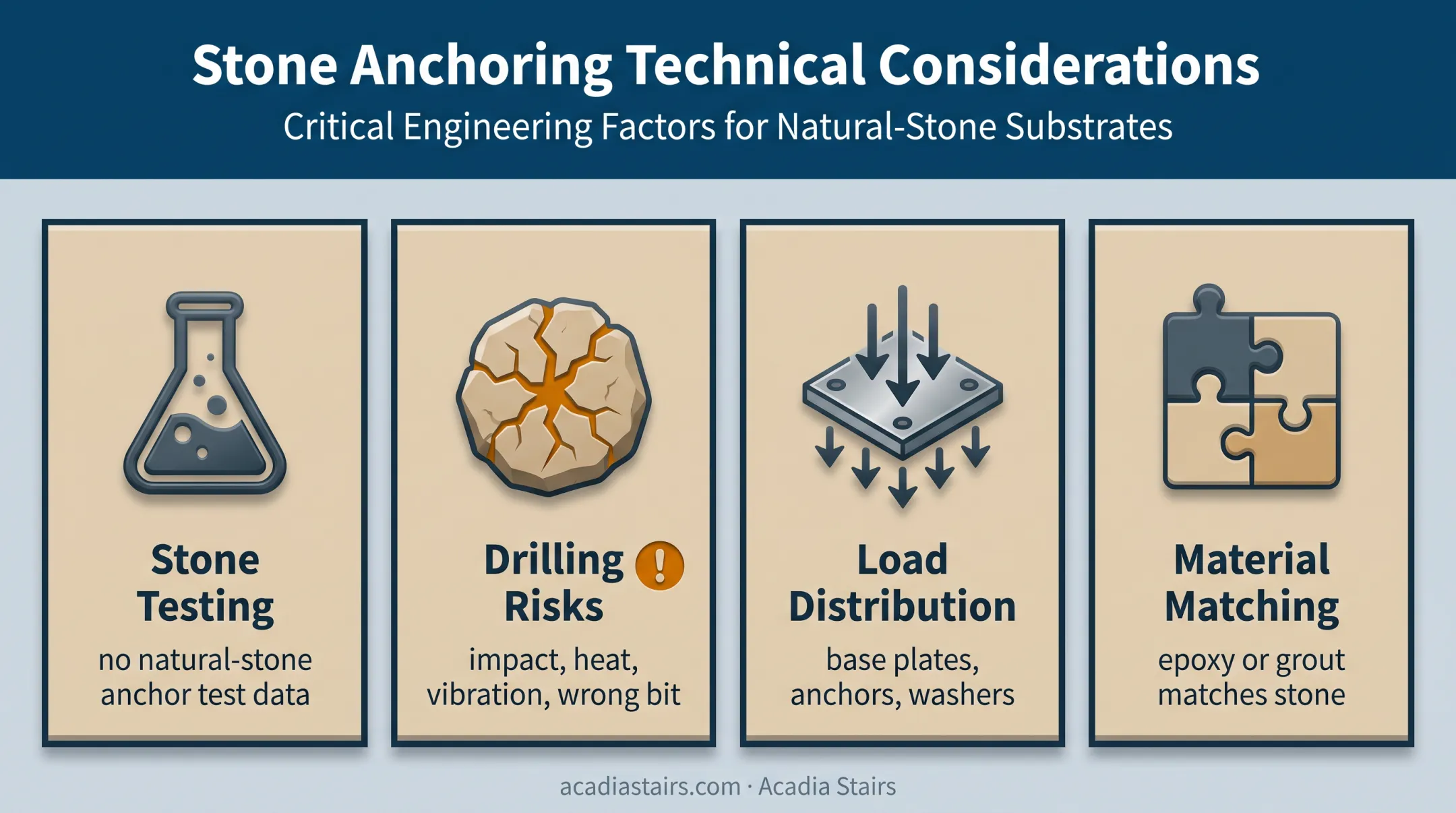 Natural stone railing anchoring risk and load distribution factors