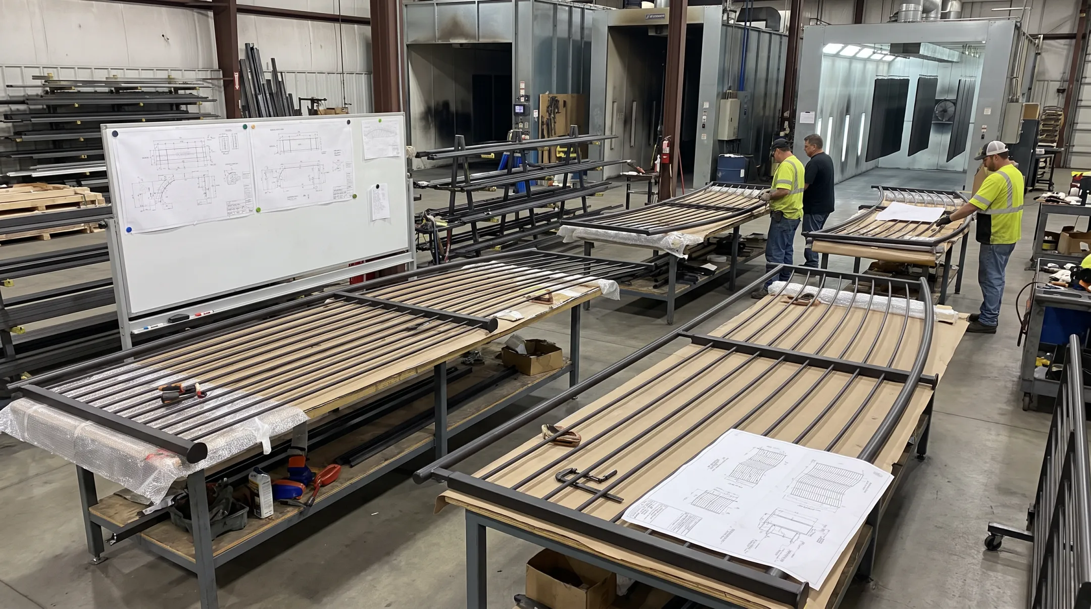 Custom staircase railing fabrication with long panels and powder coating