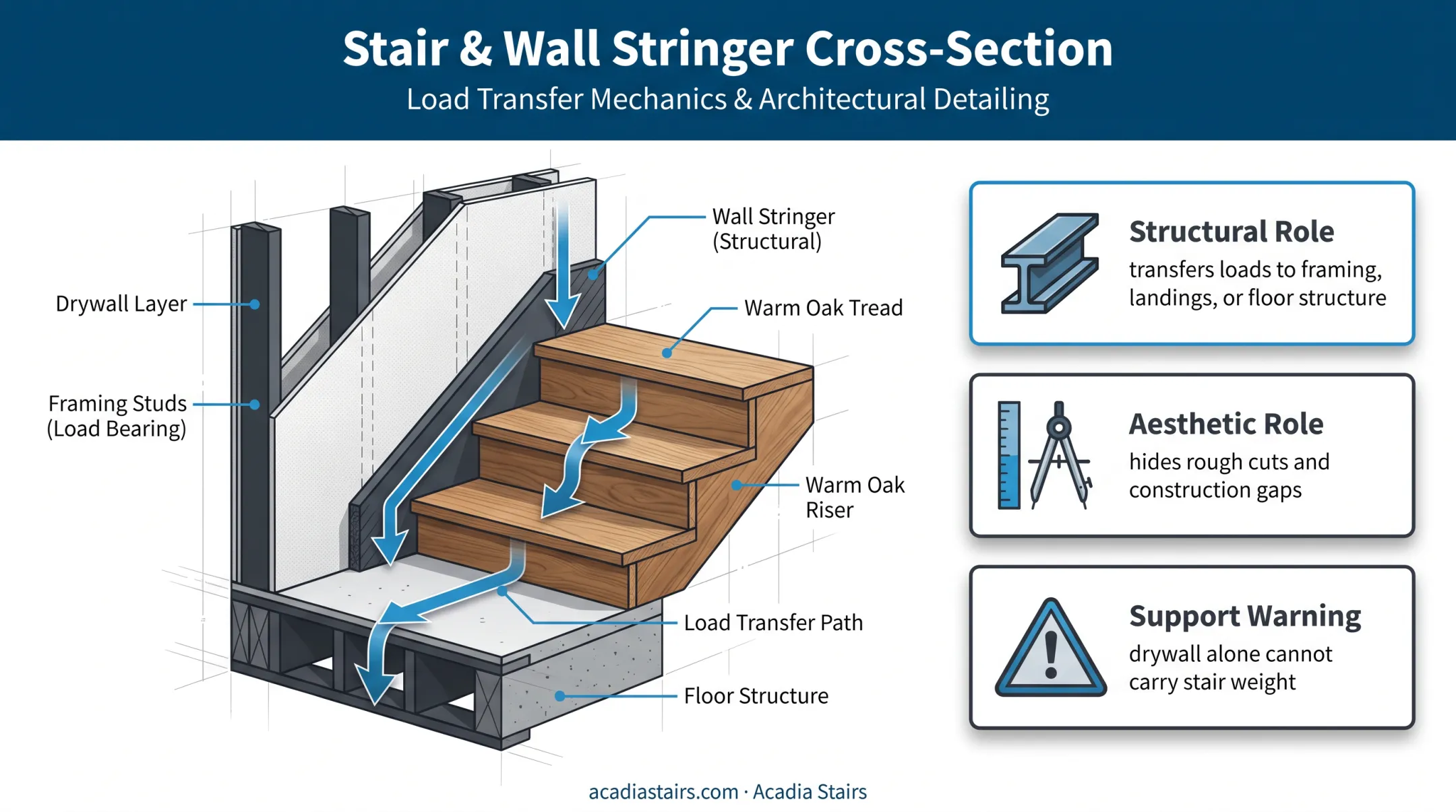 Wall stair stringer structural and aesthetic roles cross-section