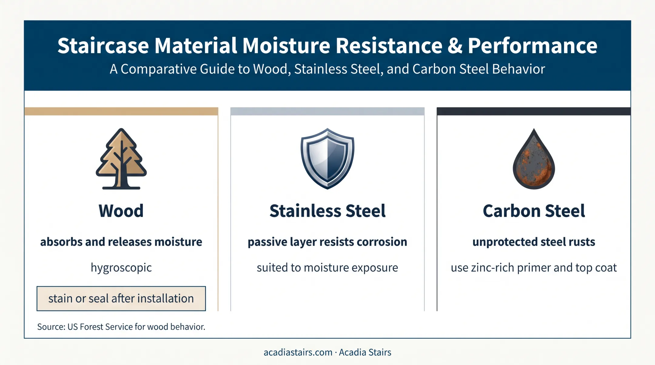 Wood stainless steel and carbon steel moisture behavior comparison