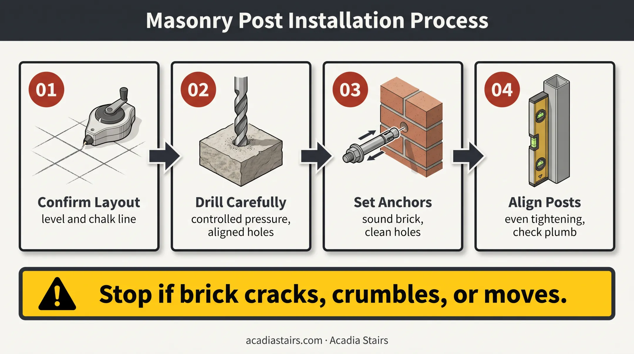 Brick-safe iron railing installation process from layout to post alignment