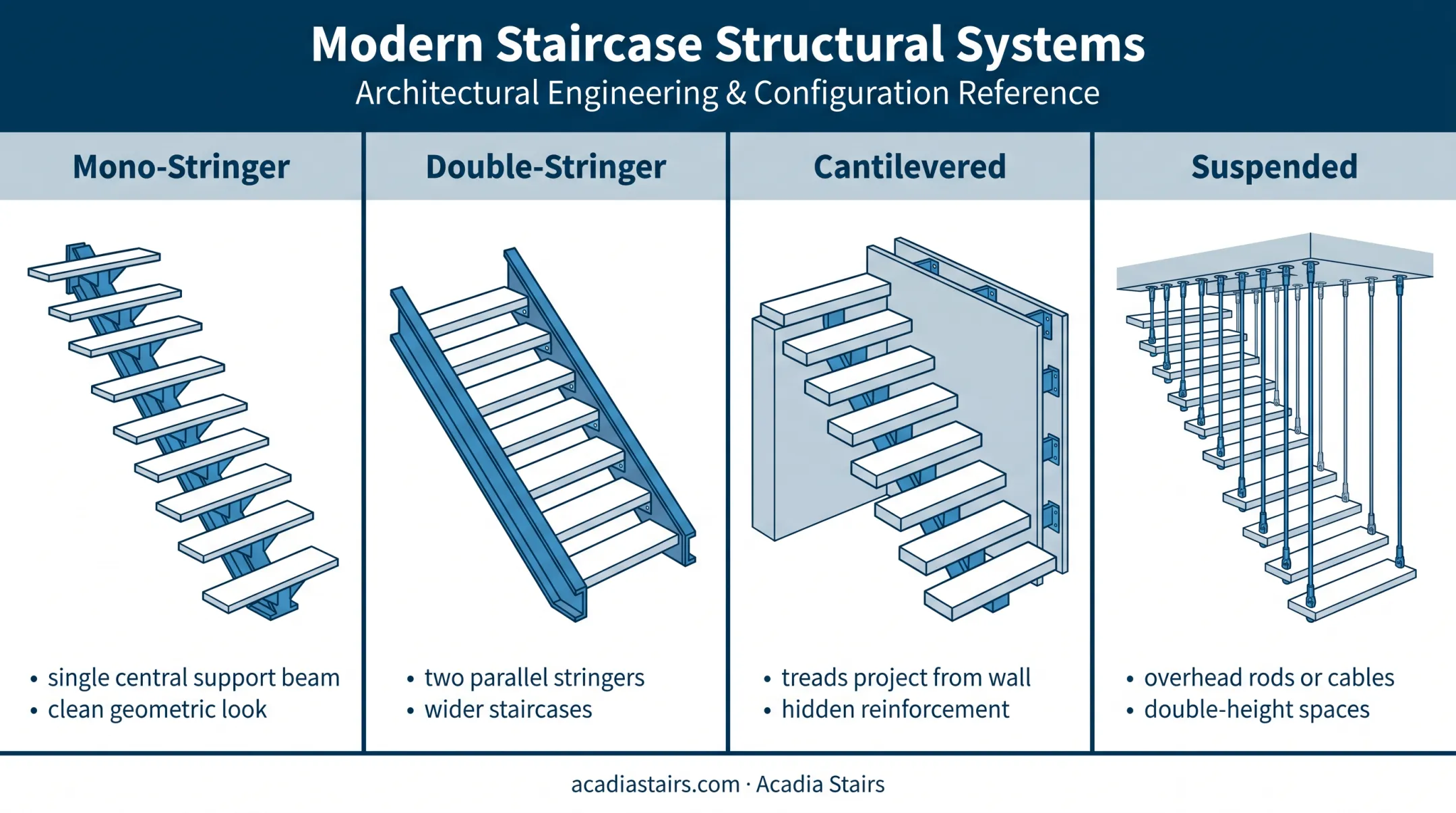 Four floating and suspended staircase support types comparison