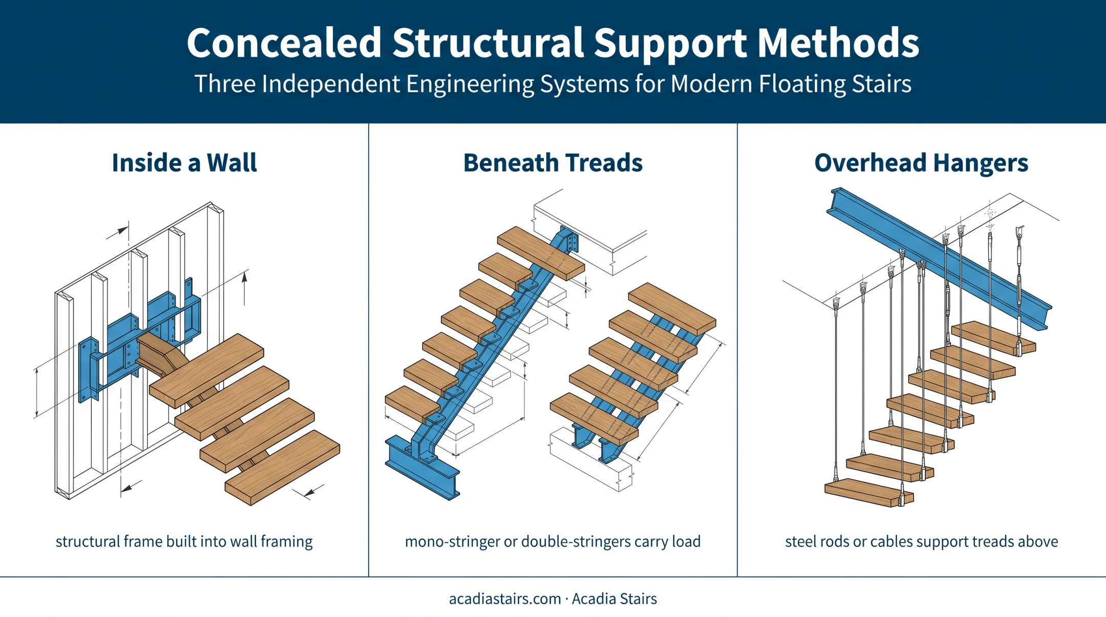 Three floating staircase structural support systems diagram