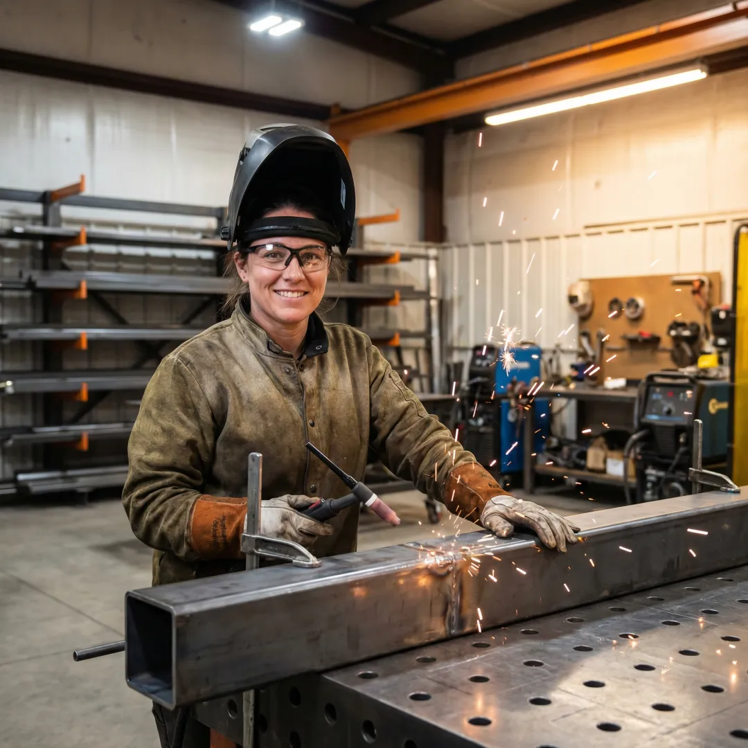 Metal fabricator welding custom steel staircase components in professional workshop