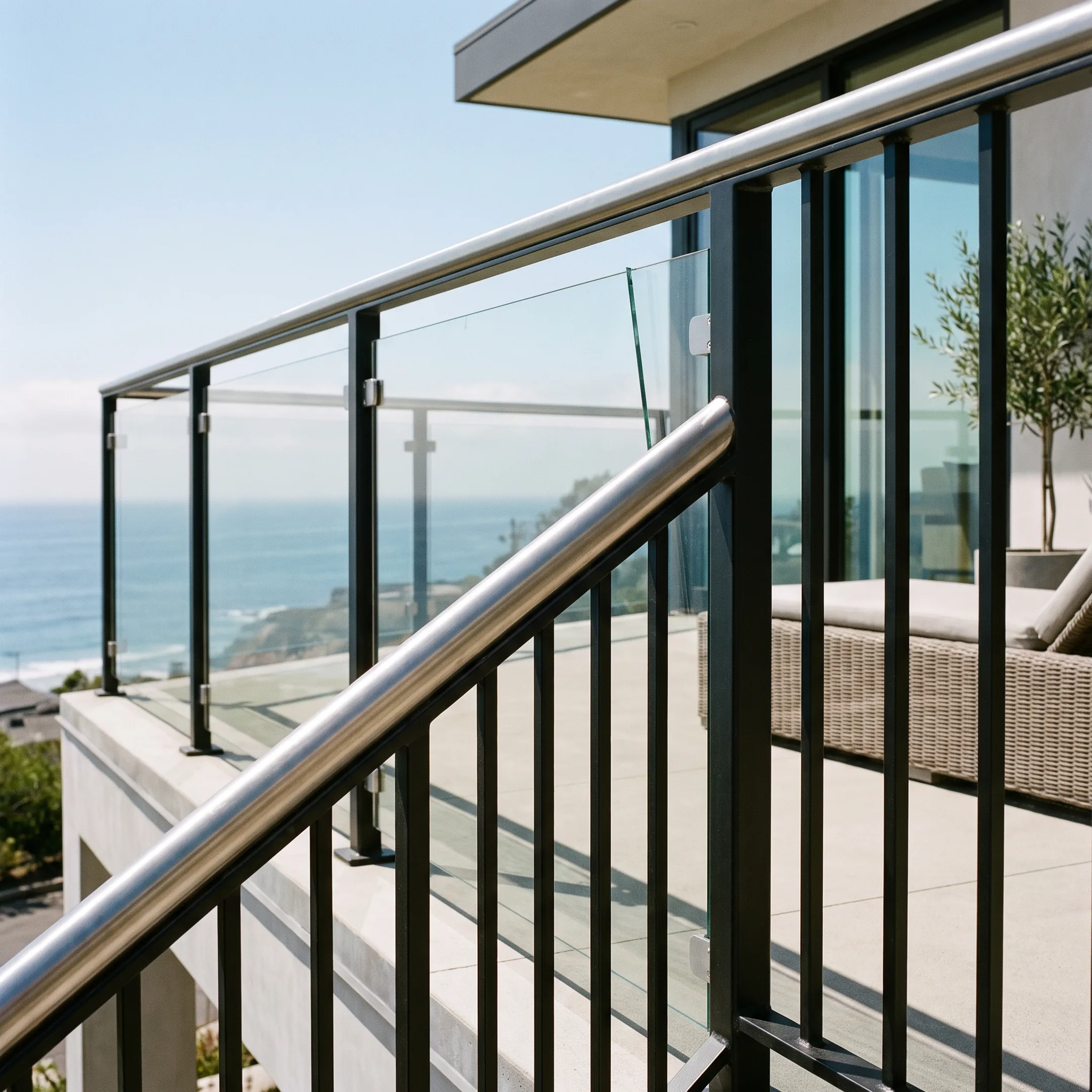 Custom modern metal railing fabricated for an upscale property
