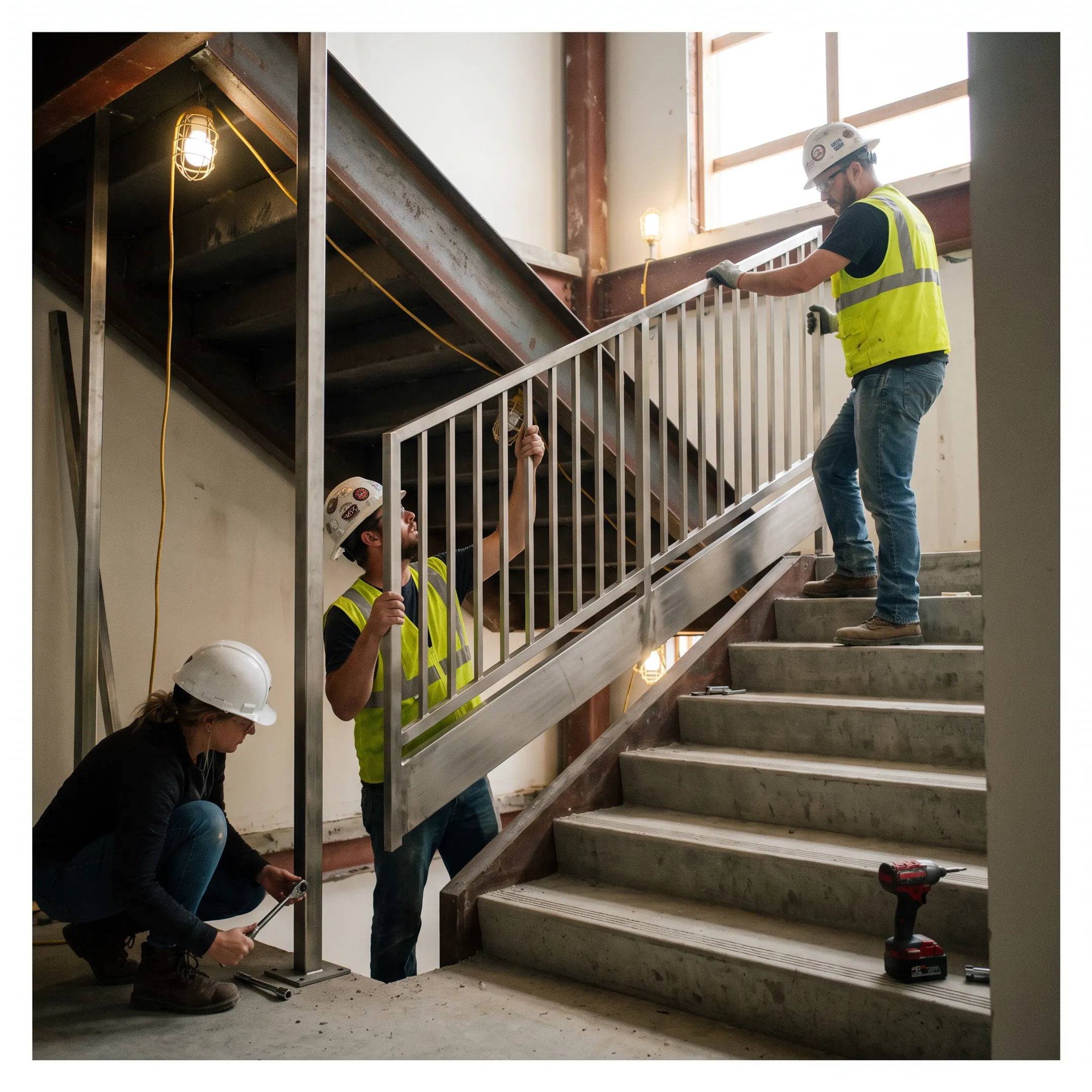 Contractor installing commercial railing