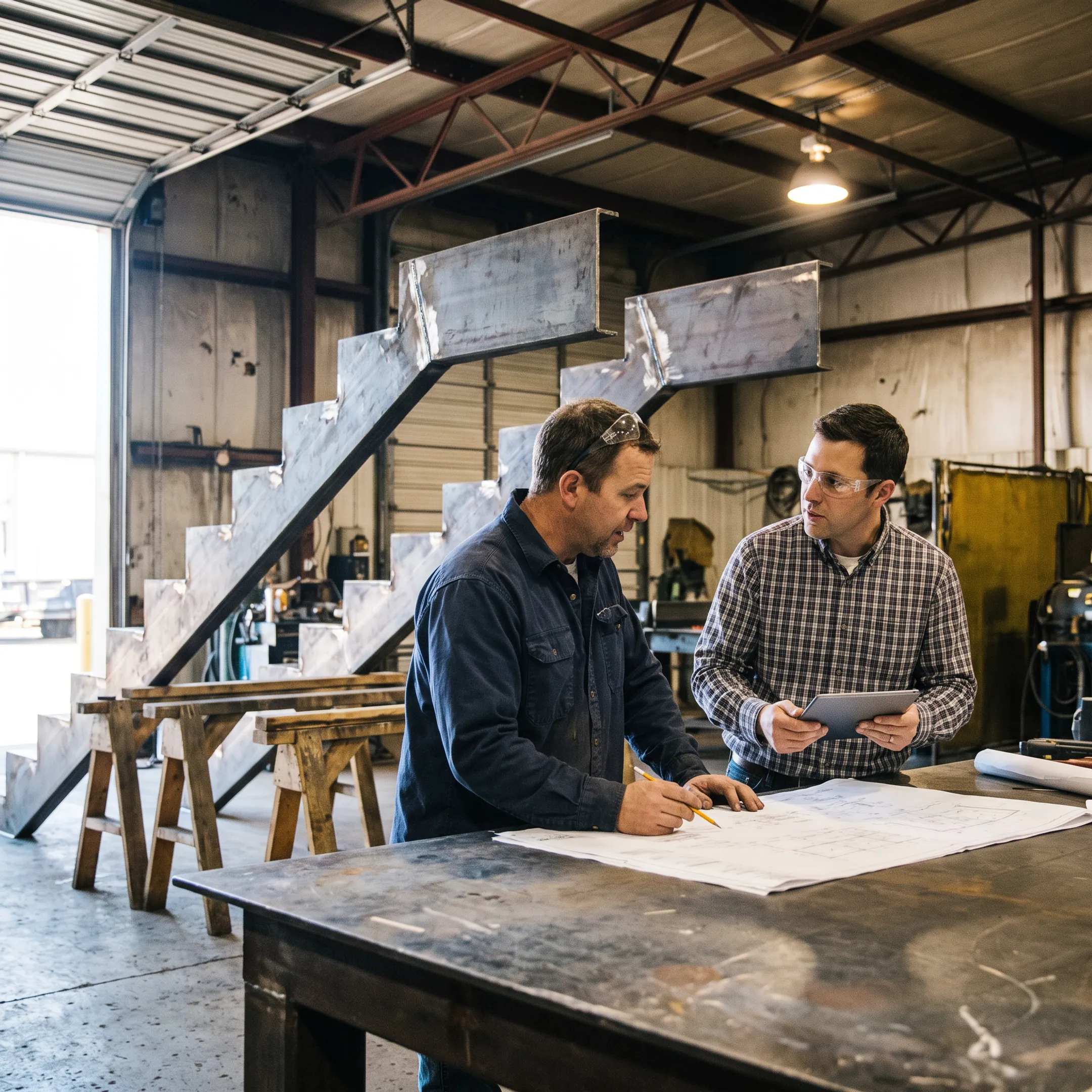 Contractor reviewing custom stair fabrication