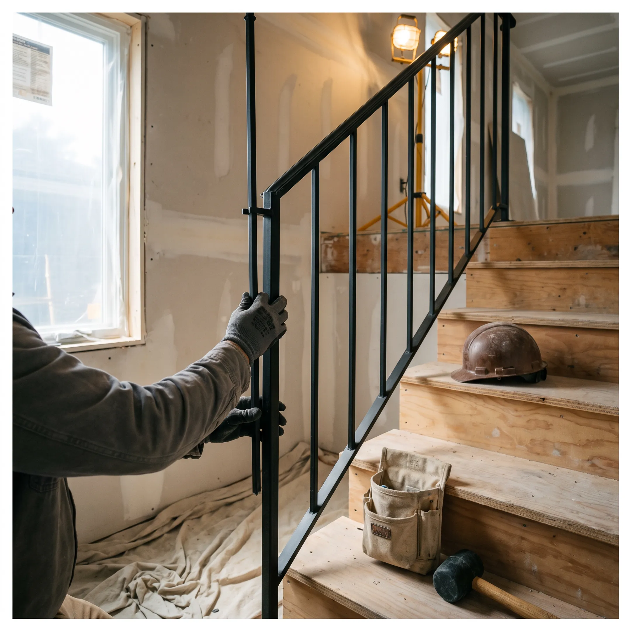 Contractor installing stair spindles