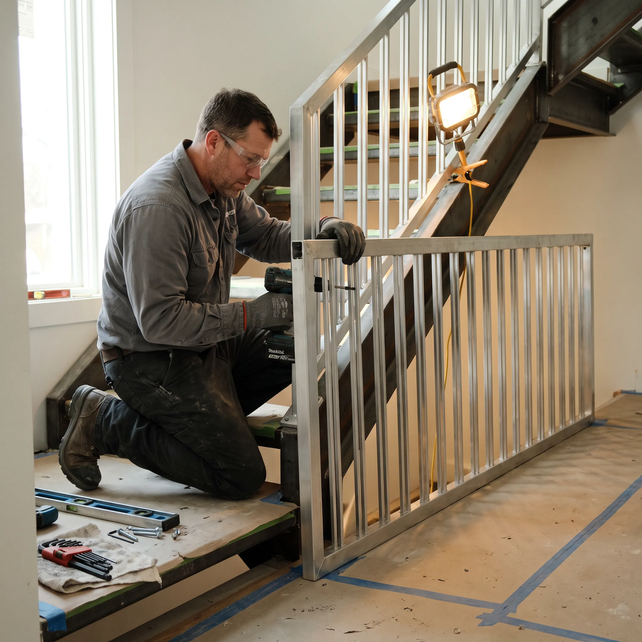 Contractor installing aluminum stair railing