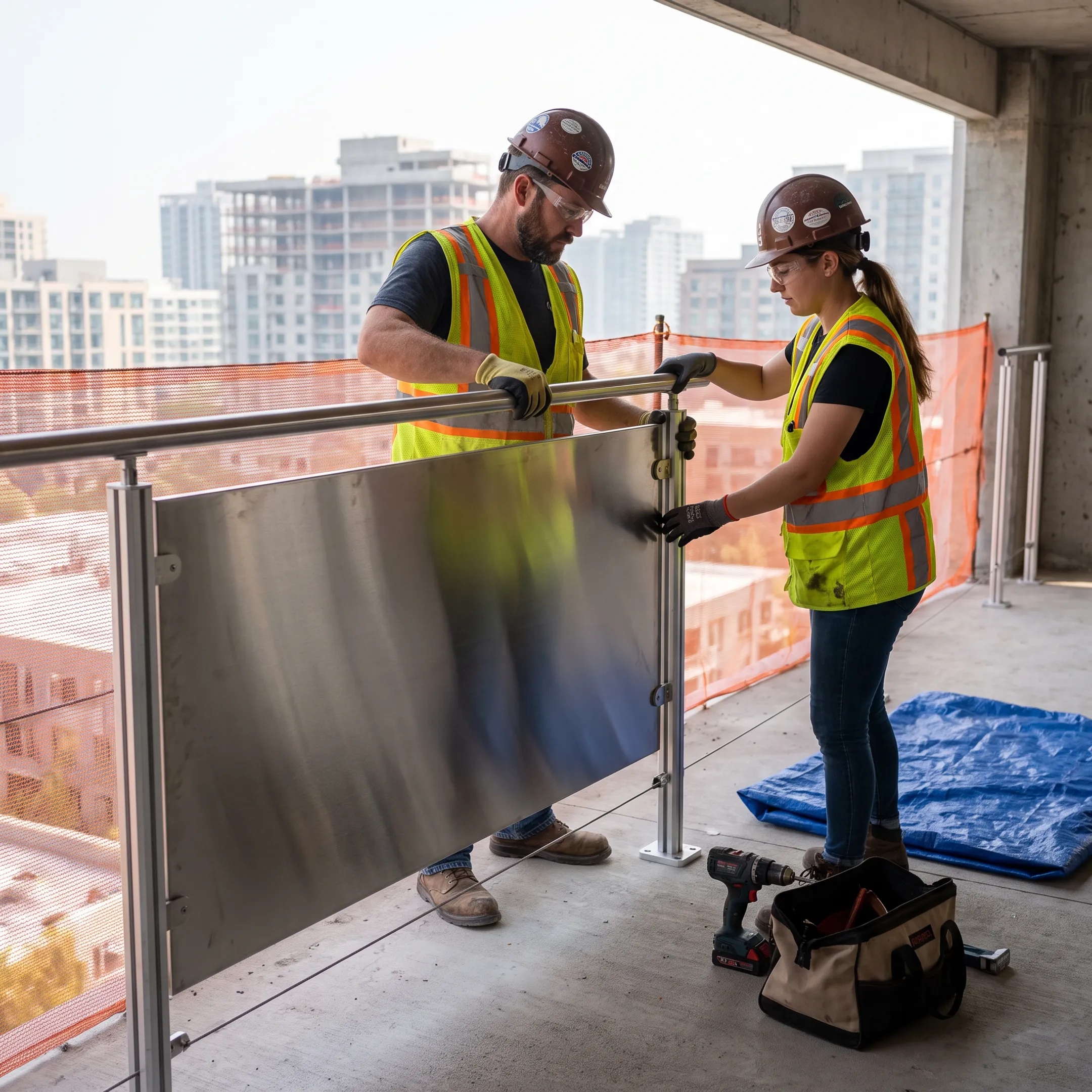 Contractor installing balcony railing