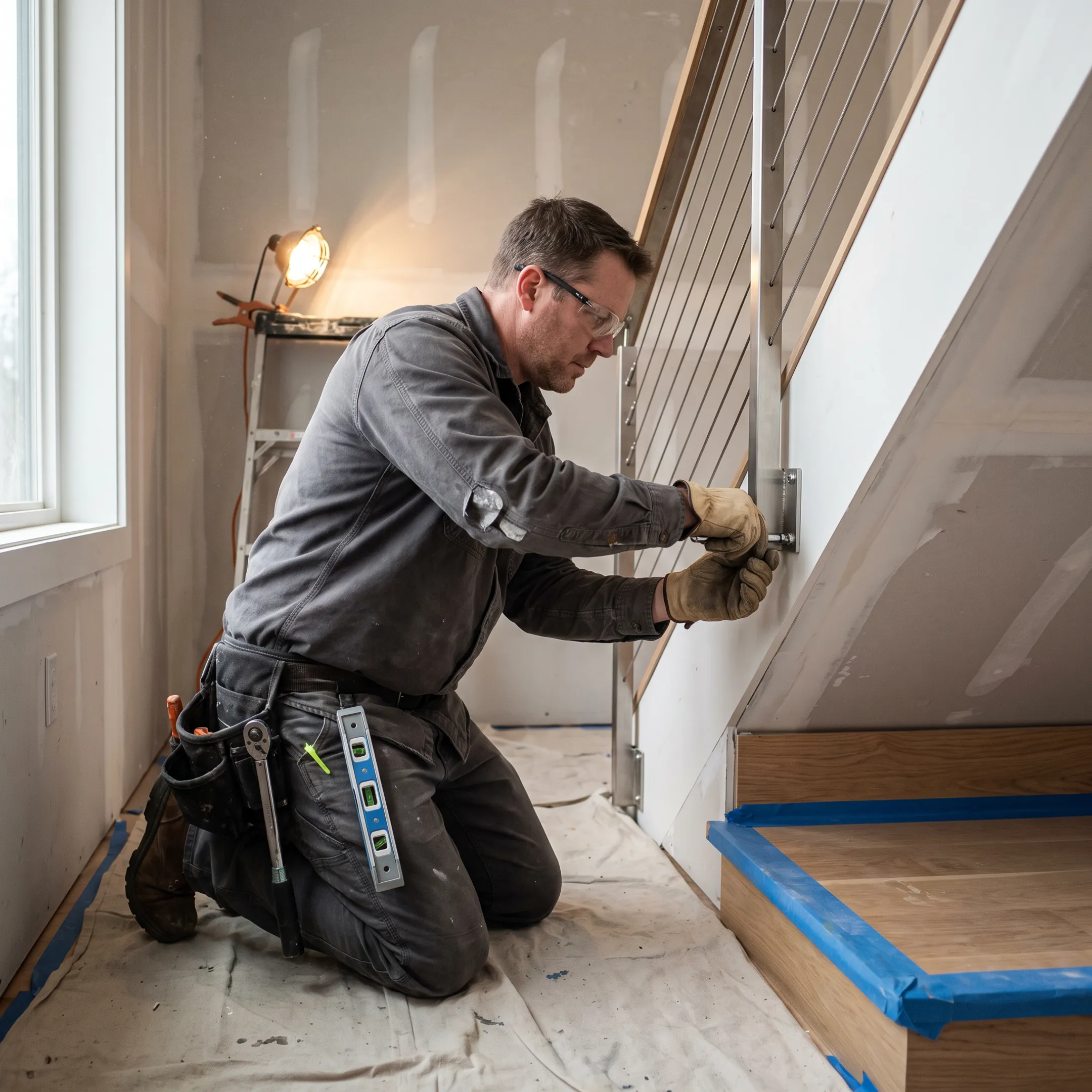 Contractor installing stair railing
