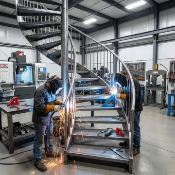 Steel staircase fabrication process in metal workshop