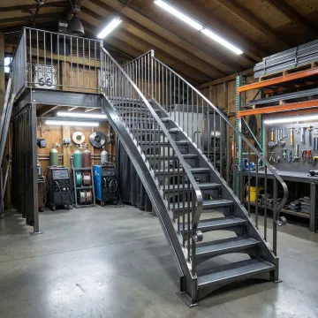 Metal fabrication workshop with staircase components being assembled