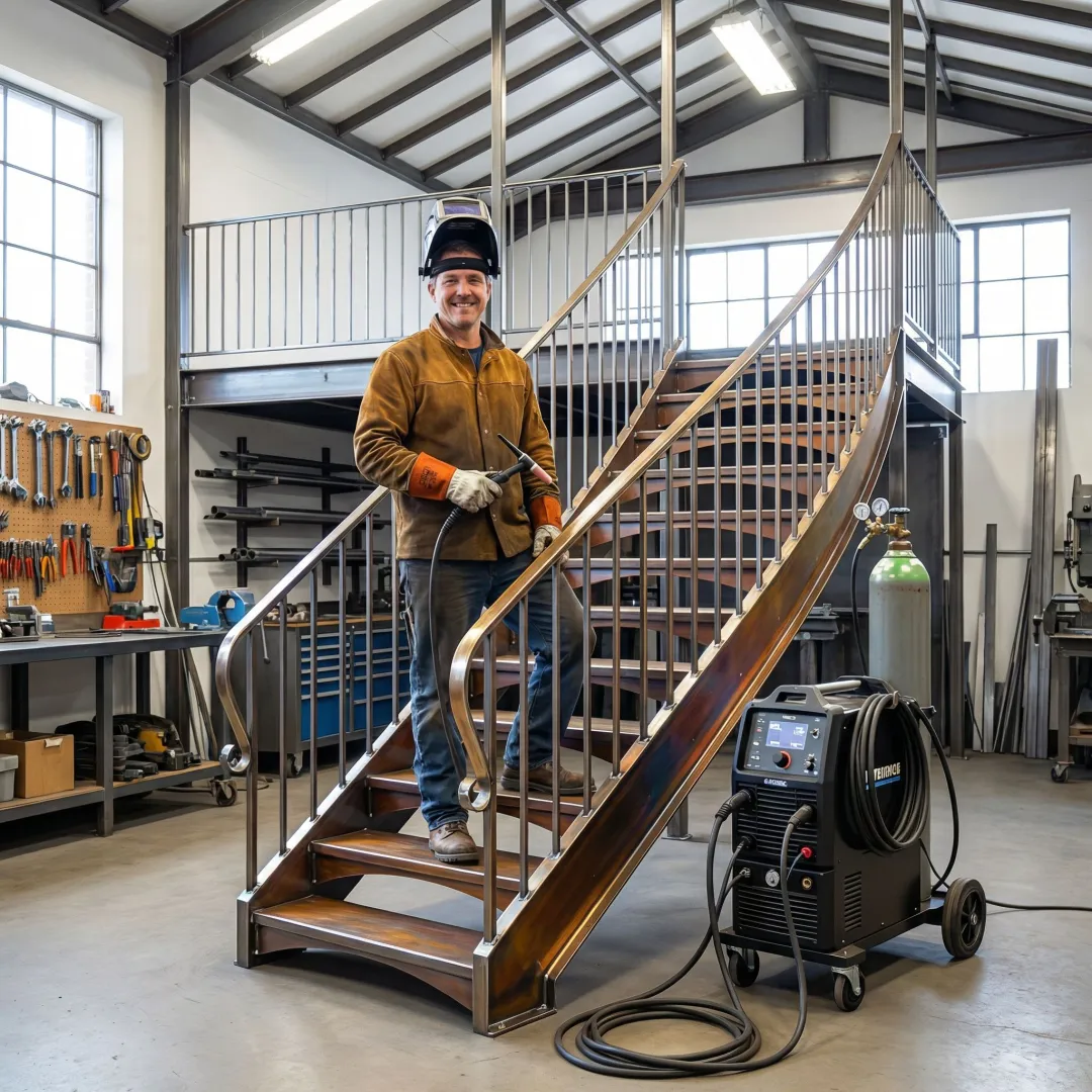 Craftsman welding custom metal staircase in fabrication shop