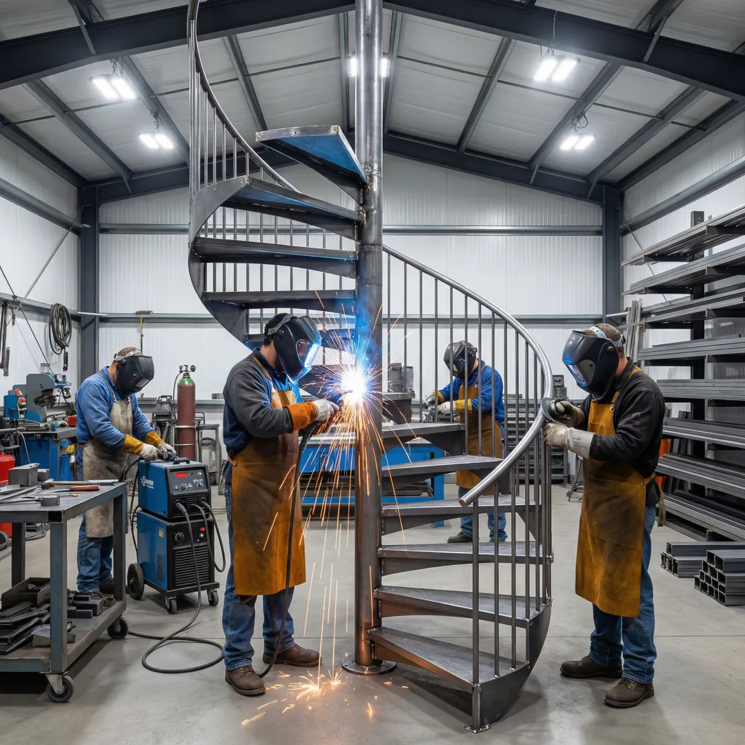 Commercial staircase fabrication process in metal shop
