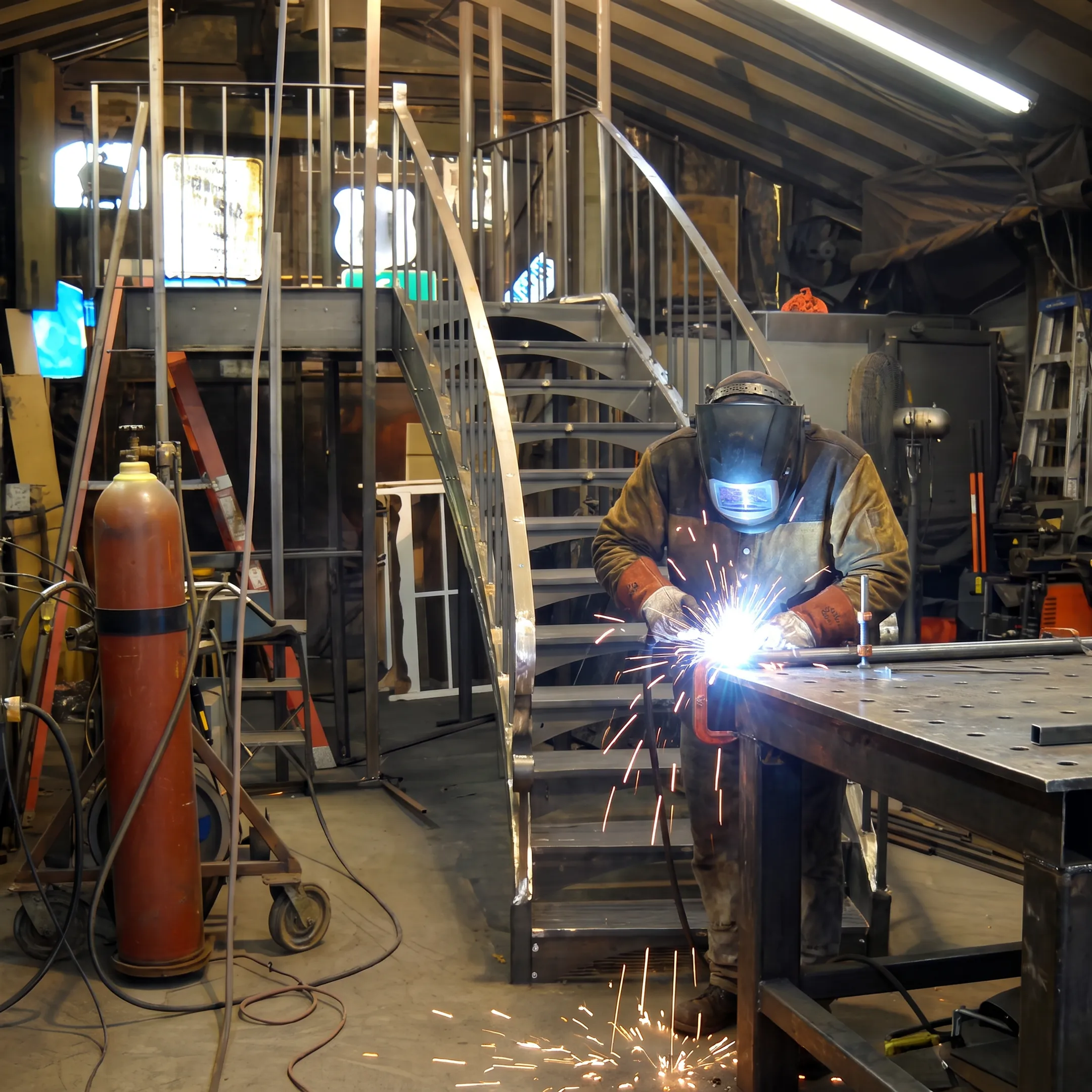 Metal fabricator welding custom steel handrail components in workshop