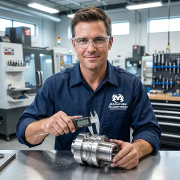 CNC machinist inspecting a precision-machined metal component in a machine shop