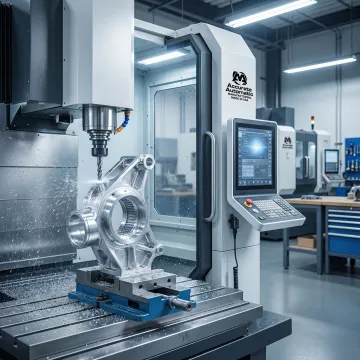 5 axis CNC machining center producing a precision metal component