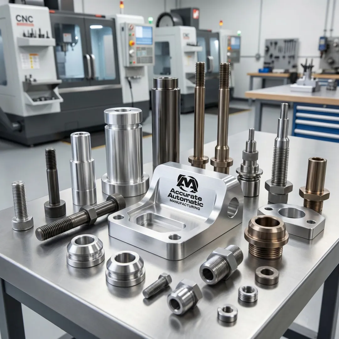 Precision CNC machined metal parts laid out for quality inspection
