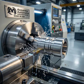 CNC turning machine producing a precision metal component in a modern machine shop