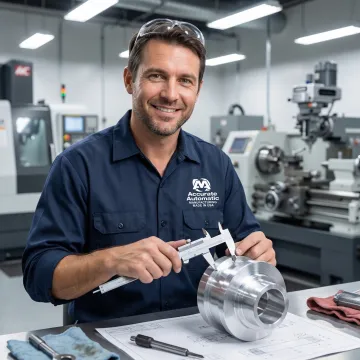 Machinist inspecting a precision CNC turned part with calipers in a machine shop