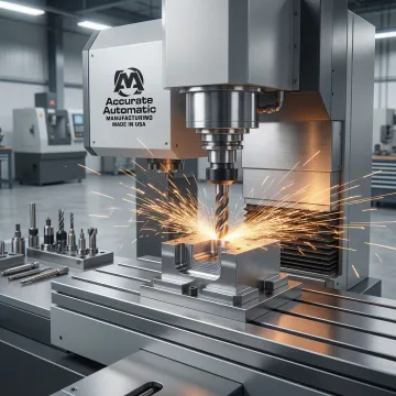 CNC machine precisely cutting metal part in a manufacturing facility
