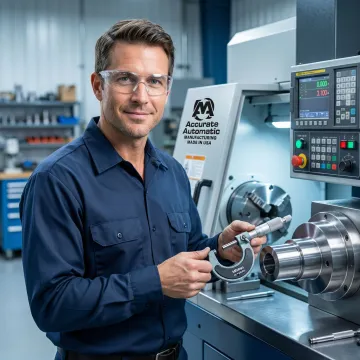 Machinist inspecting a precision-turned metal component with measuring tools