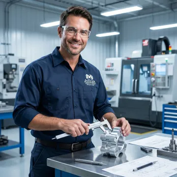CNC machinist inspecting a precision-machined metal part with calipers