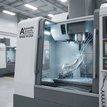 5 axis CNC machining center producing a complex metal part in a Los Angeles precision manufacturing facility