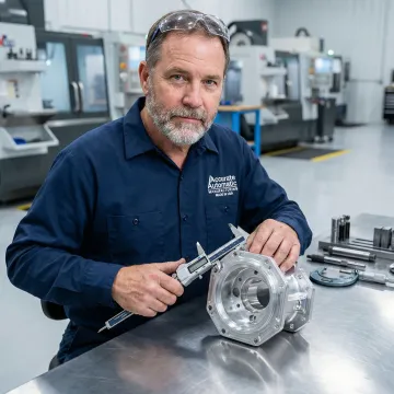Technician inspecting a precision 5 axis CNC machined aluminum part on a workbench