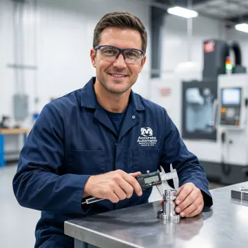 Machinist inspecting a precision CNC milled metal part with calipers in a clean machine shop