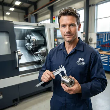 CNC turning process showing machinist inspecting a precision turned metal component