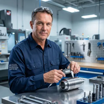 Machinist inspecting a precision CNC-turned metal component with calipers