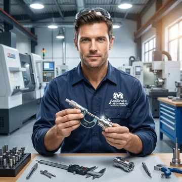 CNC machinist performing quality inspection on precision turned metal part