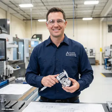 Technician inspecting precision machined metal parts during quality control process