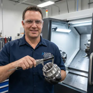 CNC machinist inspecting a precision alloy component on the shop floor