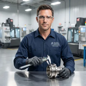 CNC machinist inspecting a precision-machined titanium part in a well-equipped machine shop