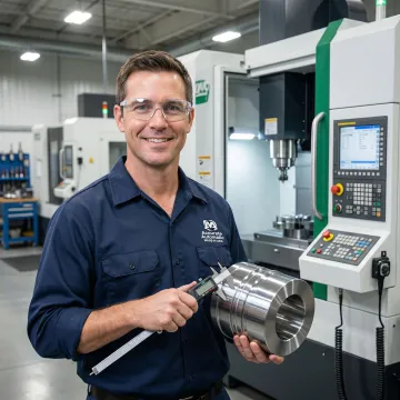 Machinist inspecting a precision vertically turned metal part on a CNC machine