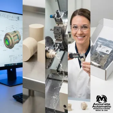 Step-by-step CNC machining process for custom PEEK plastic parts in a precision machine shop