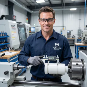 Machinist inspecting a precision-turned plastic part with calipers in a CNC machine shop