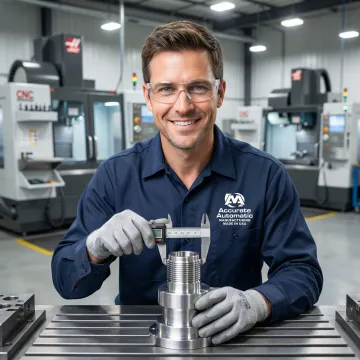 Machinist inspecting a precision-turned metal part with calipers in a machine shop