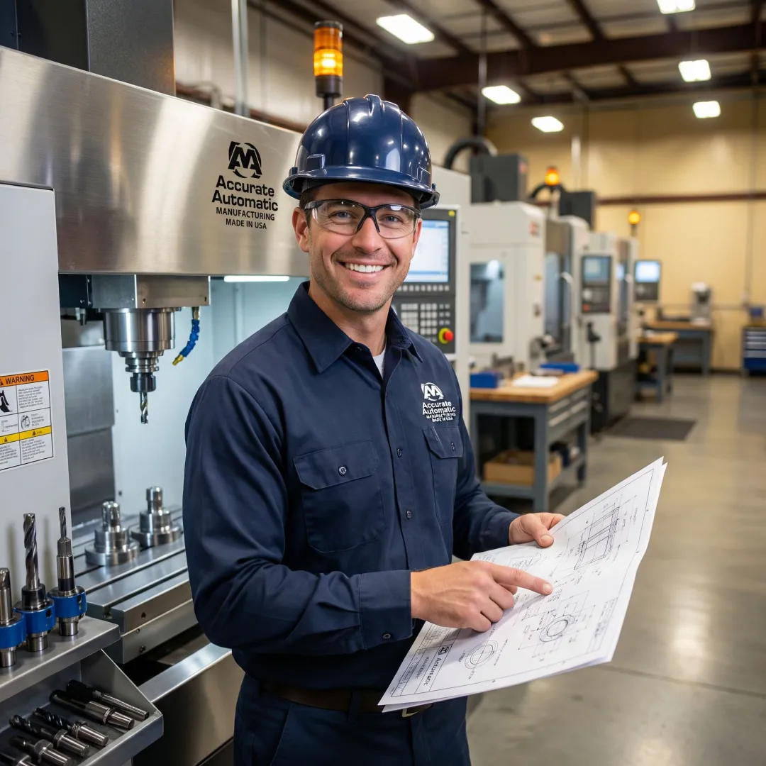 CNC machinist reviewing blueprints next to a precision milling machine on a shop floor