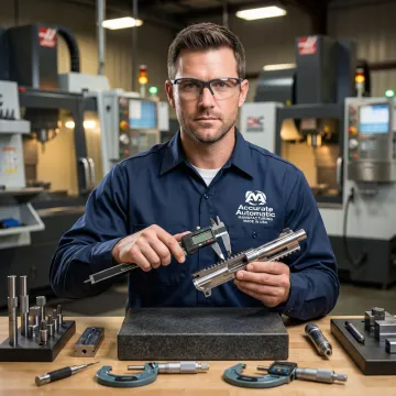 CNC machinist inspecting a precision firearm component with measuring tools