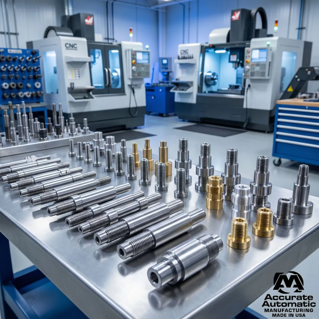 Precision CNC screw machined metal parts aligned on an inspection table