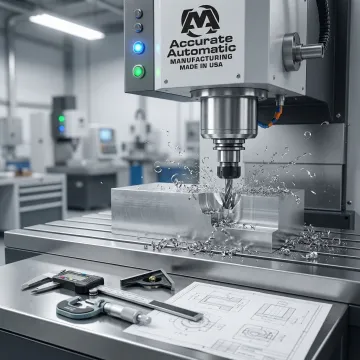 Close-up of a CNC vertical mill producing a precision metal part with tight tolerances