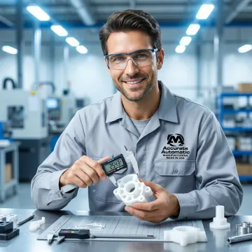 Machinist inspecting a precision plastic CNC part at a workbench