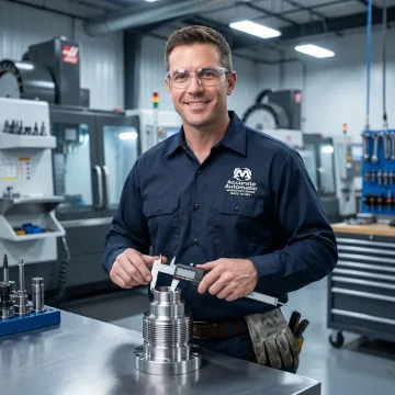 Machinist reviewing CNC programmed metal part during quality inspection in a precision manufacturing shop